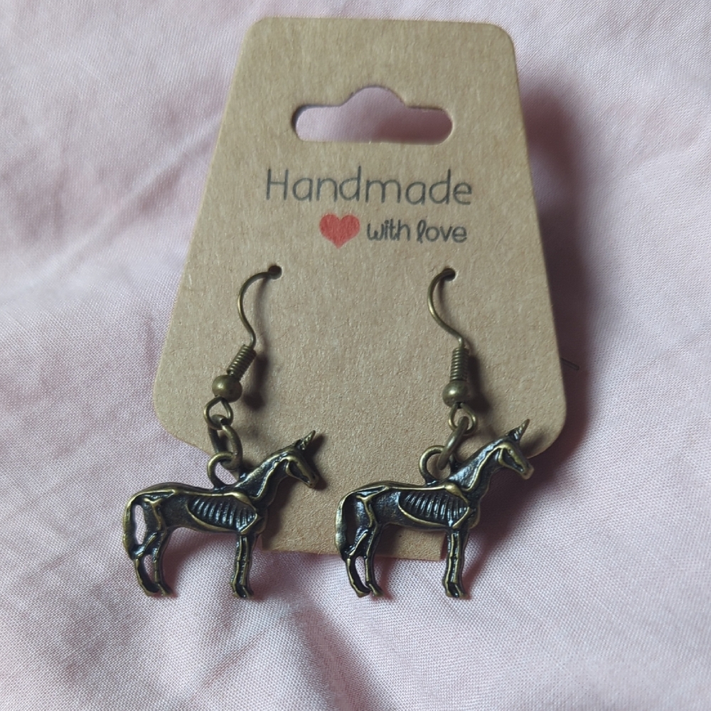 Handmade Bronze Skeleton Unicorn Earrings